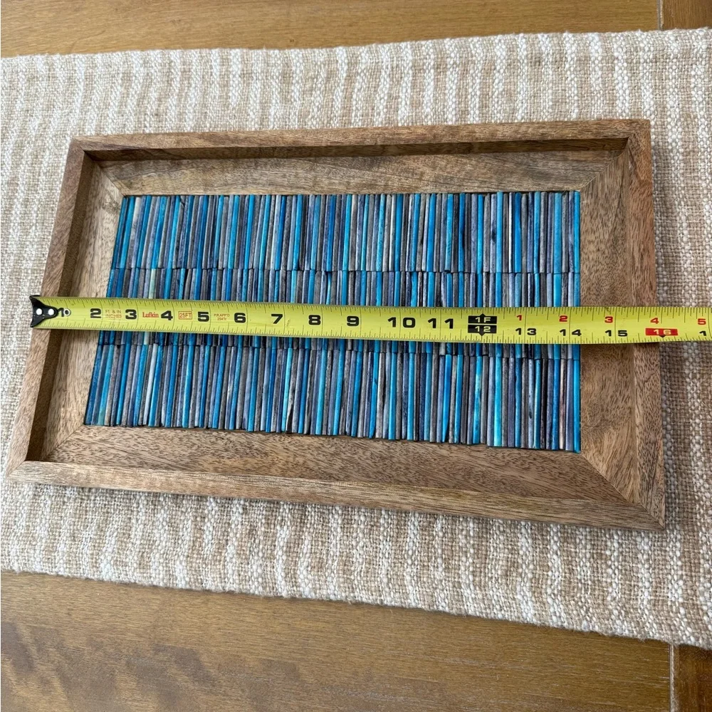Wooden Tray with Blue Striped Design